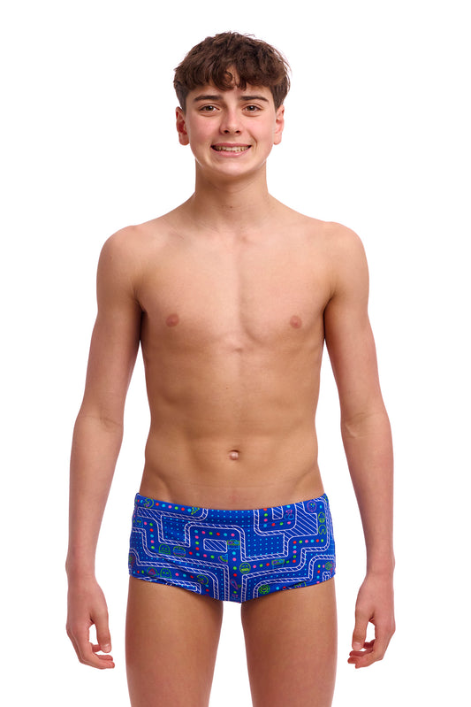 Funky Trunks Boys Sidewinder Trunks Much Munchies, front view chlorine resistant swimwear