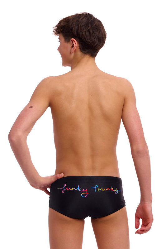 Funky Trunks Boys Sidewinder Trunks Pride Alive back view showing waistband and fit