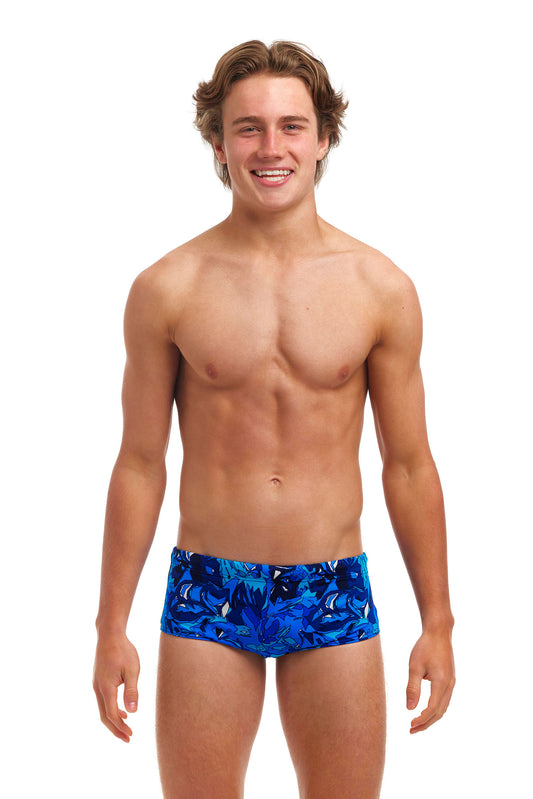 Funky Trunks Boys Sidewinder Trunks True Bluey, front view chlorine resistant swimwear