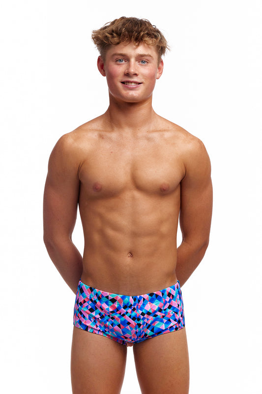 Funky Trunks Boys Sidewinder Trunks Warp Tour, front view chlorine resistant swimwear