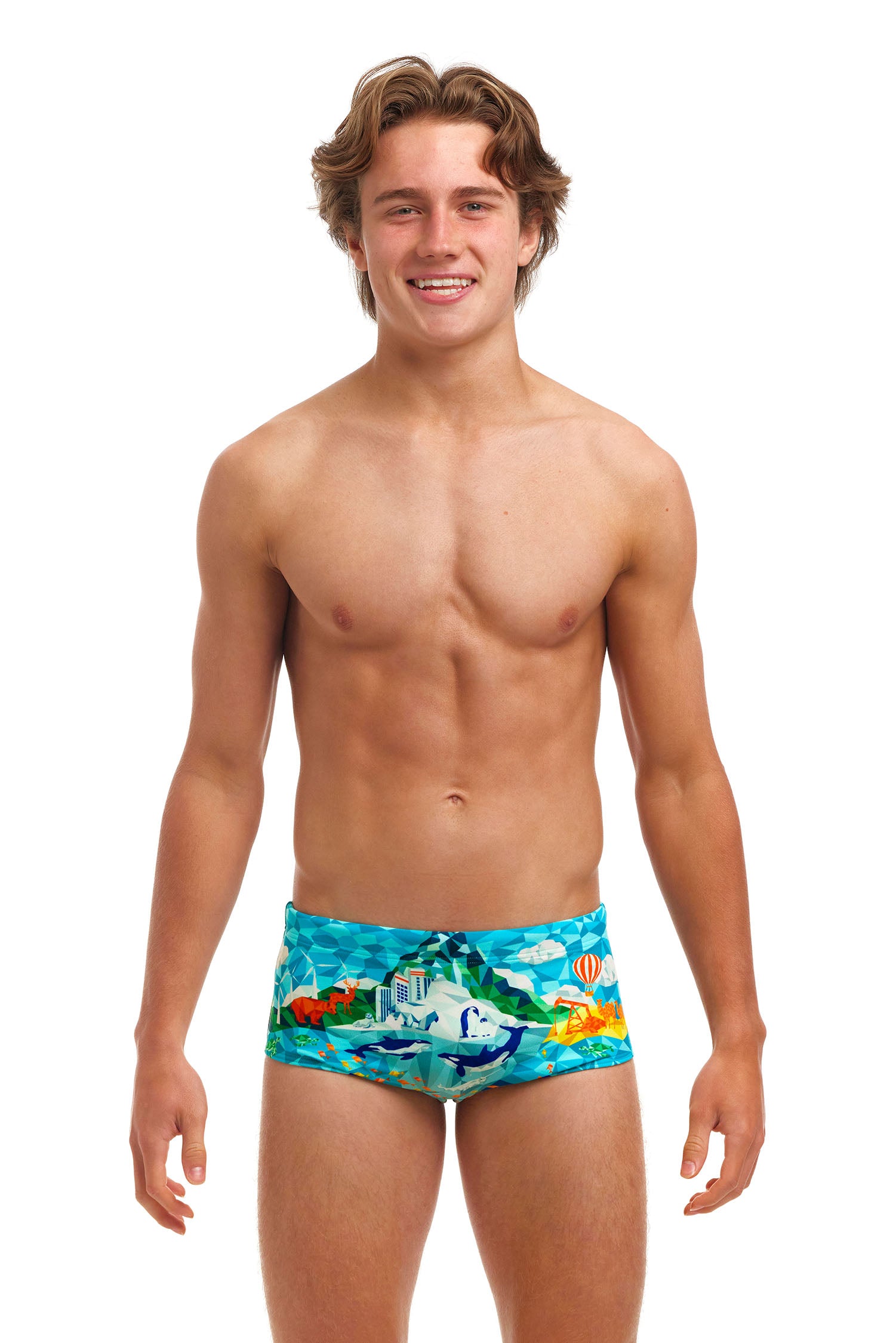 Funky Trunks Boys Sidewinder Trunks Wildermess, front view chlorine resistant swimwear