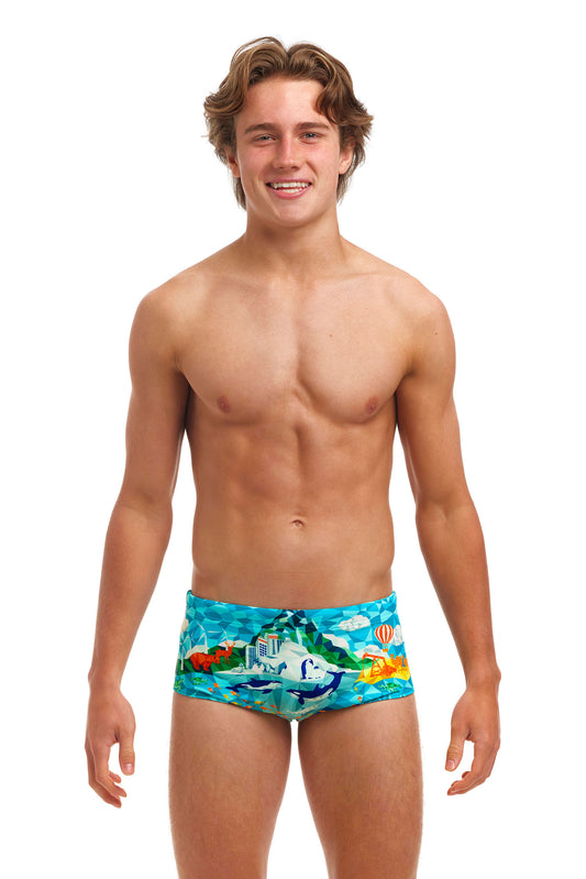 Funky Trunks Boys Sidewinder Trunks Wildermess, front view chlorine resistant swimwear