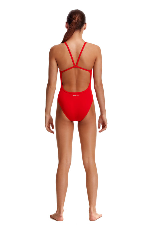 Funkita Girls Single Strap One Piece Fire, rear view showing thin straps