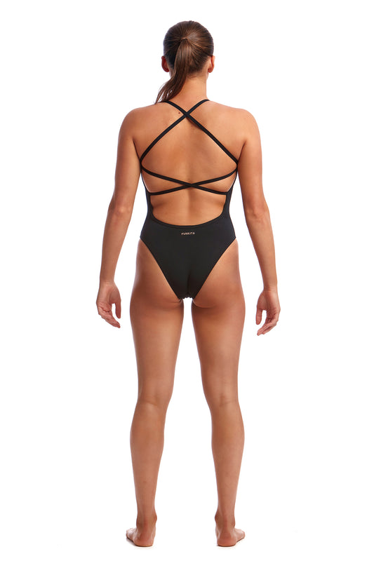 Funkita Ladies Strapped In One Piece Bronzed, rear view showing criss cross back