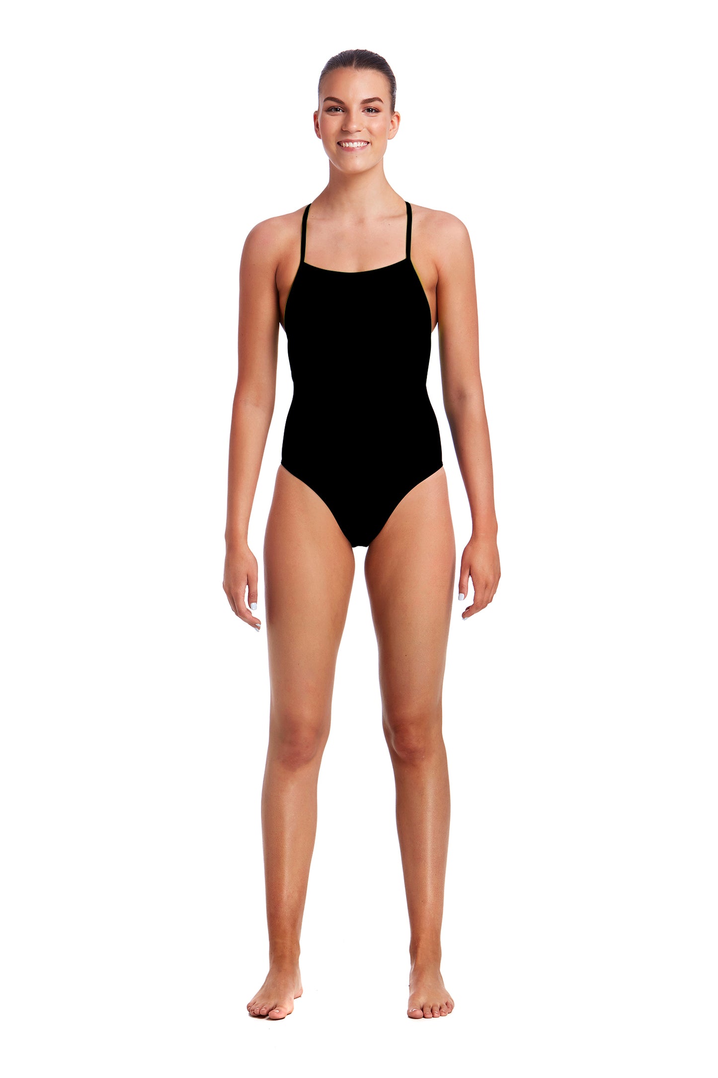 Funkita Ladies Strapped In One Piece Still Black, front view chlorine resistant swimwear
