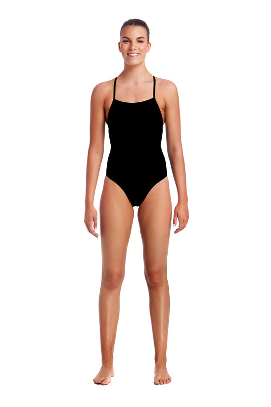 Funkita Ladies Strapped In One Piece Still Black, front view chlorine resistant swimwear