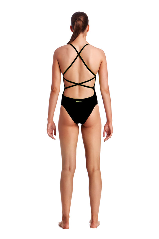 Funkita Ladies Strapped In One Piece Still Black, rear view showing adjustable tie back
