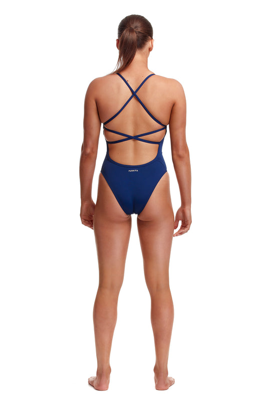 Funkita Ladies Strapped In One Piece Zinc'd, rear view showing criss cross straps