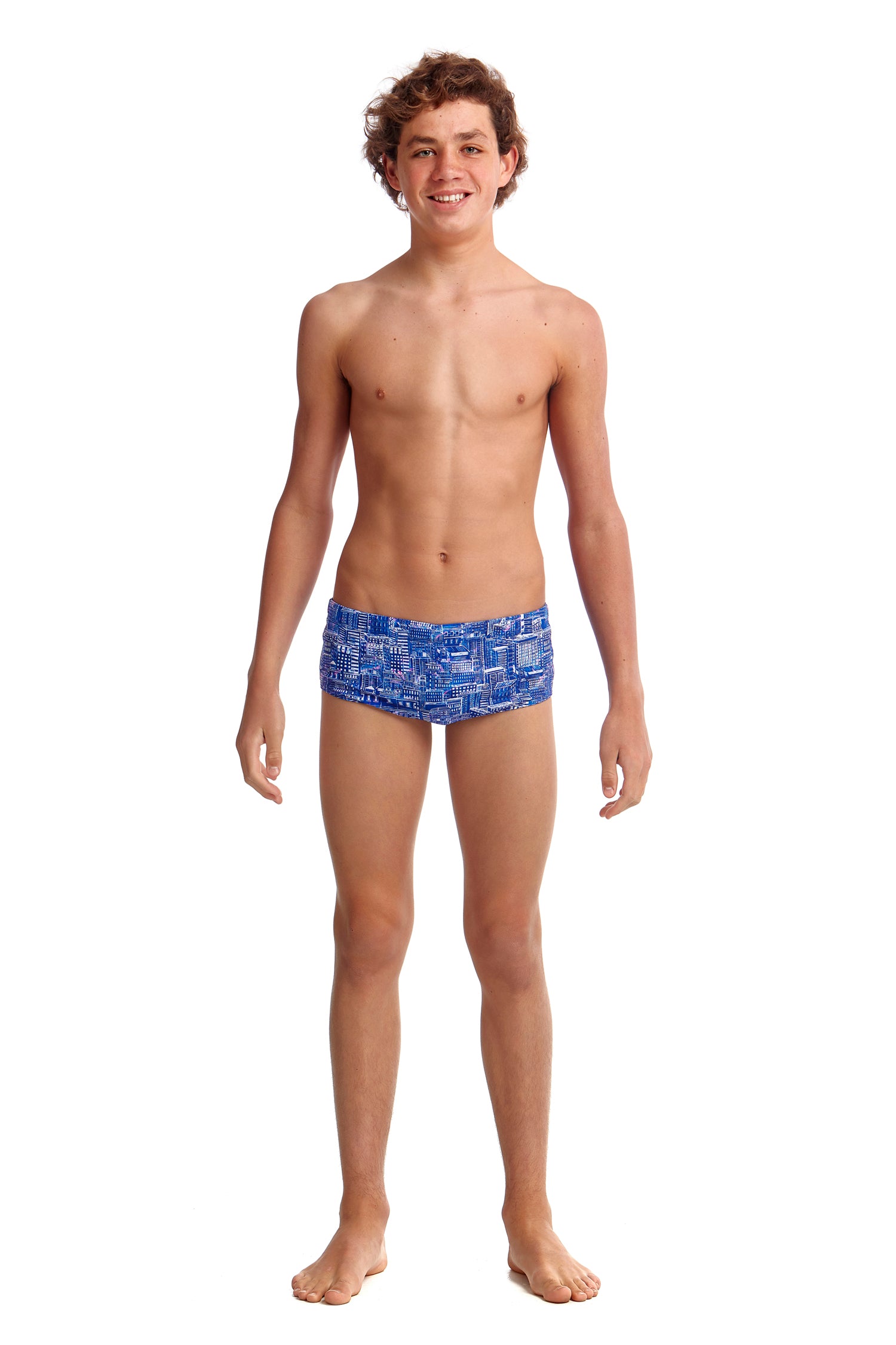 Funky Trunks Boys Classic Trunks Sky City, front view chlorine resistant swimwear