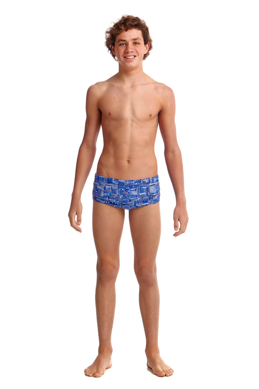 Funky Trunks Boys Classic Trunks Sky City, front view chlorine resistant swimwear