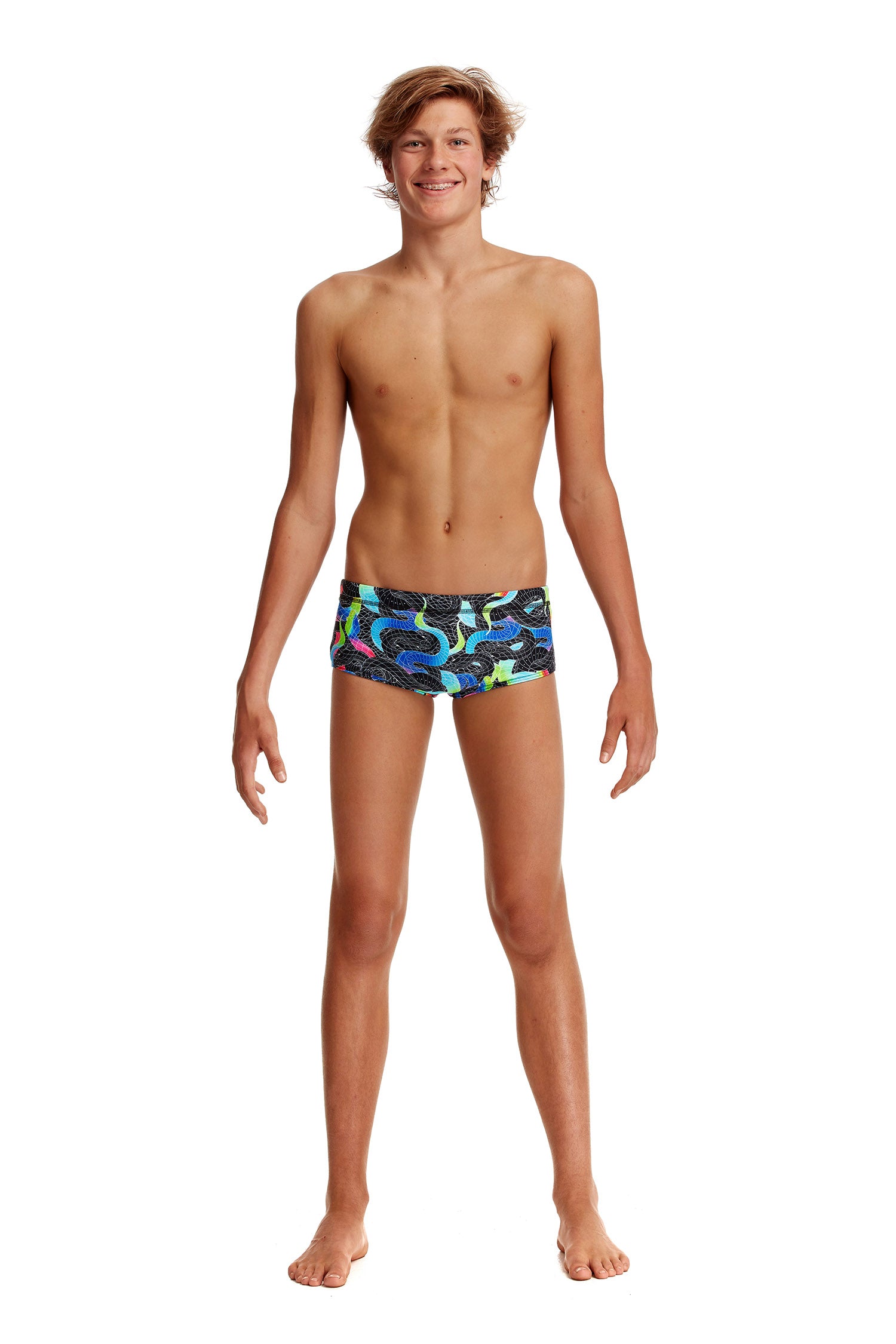 Funky Trunks Boys Classic Trunks Snake Pit, front view chlorine resistant swimwear