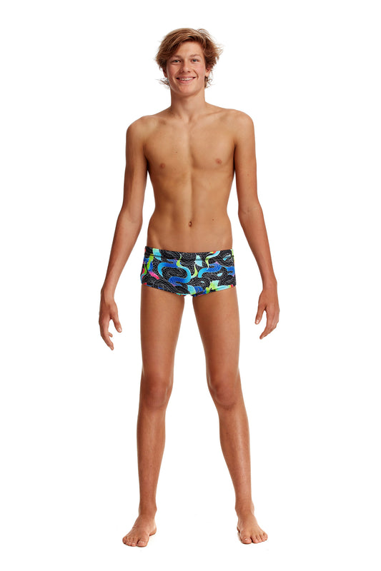 Funky Trunks Boys Classic Trunks Snake Pit, front view chlorine resistant swimwear