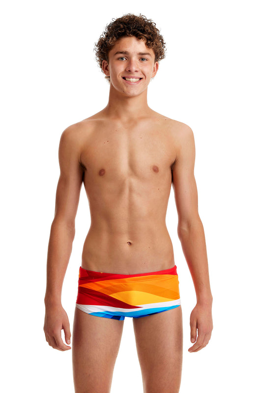 Funky Trunks Boys Sidewinder Trunks Lost Landing, front view chlorine resistant swimwear
