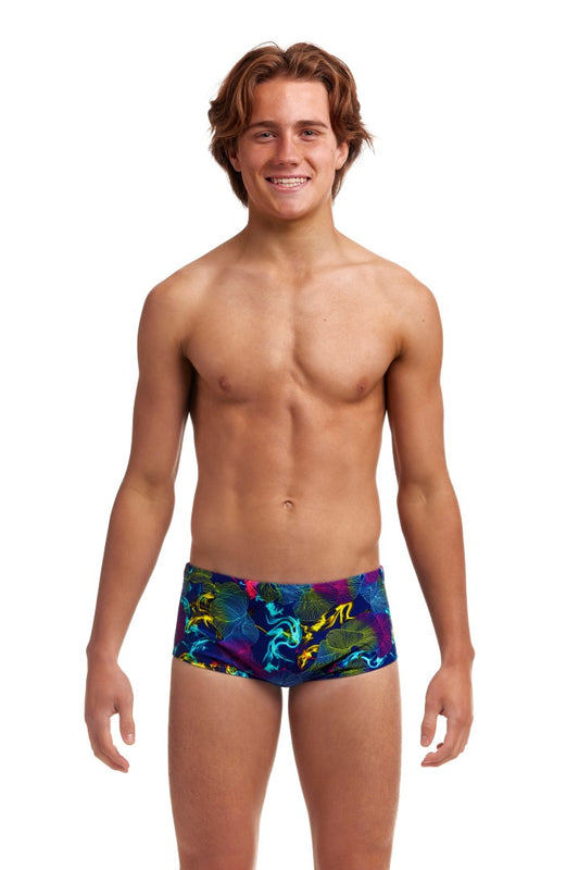 Funky Trunks Boys Sidewinder Trunks Oyster Saucy, front view chlorine resistant swimwear