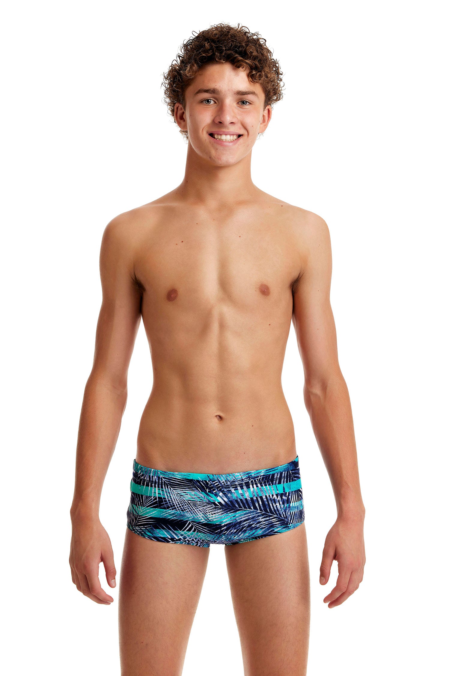 Funky Trunks Boys Sidewinder Trunks Palm Pilot, front view chlorine resistant swimwear