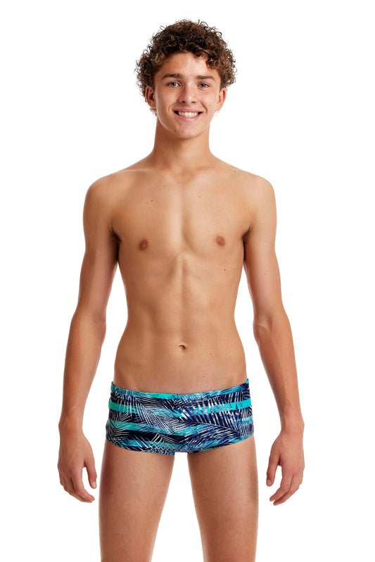 Funky Trunks Boys Sidewinder Trunks Palm Pilot, front view chlorine resistant swimwear