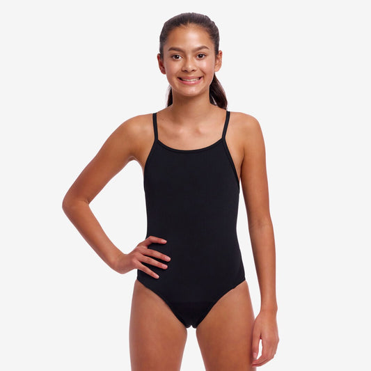 NEW PERIOD PROOF! Funkita Girls Diamond Back Secure One Piece Still Black-front view