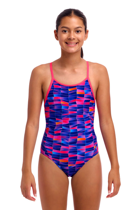 NEW! Funkita Girls Diamond Back One Piece Warped Waves-front view