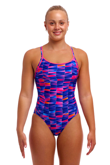 NEW! Funkita Ladies Diamond Back One Piece Warped Waves-front view