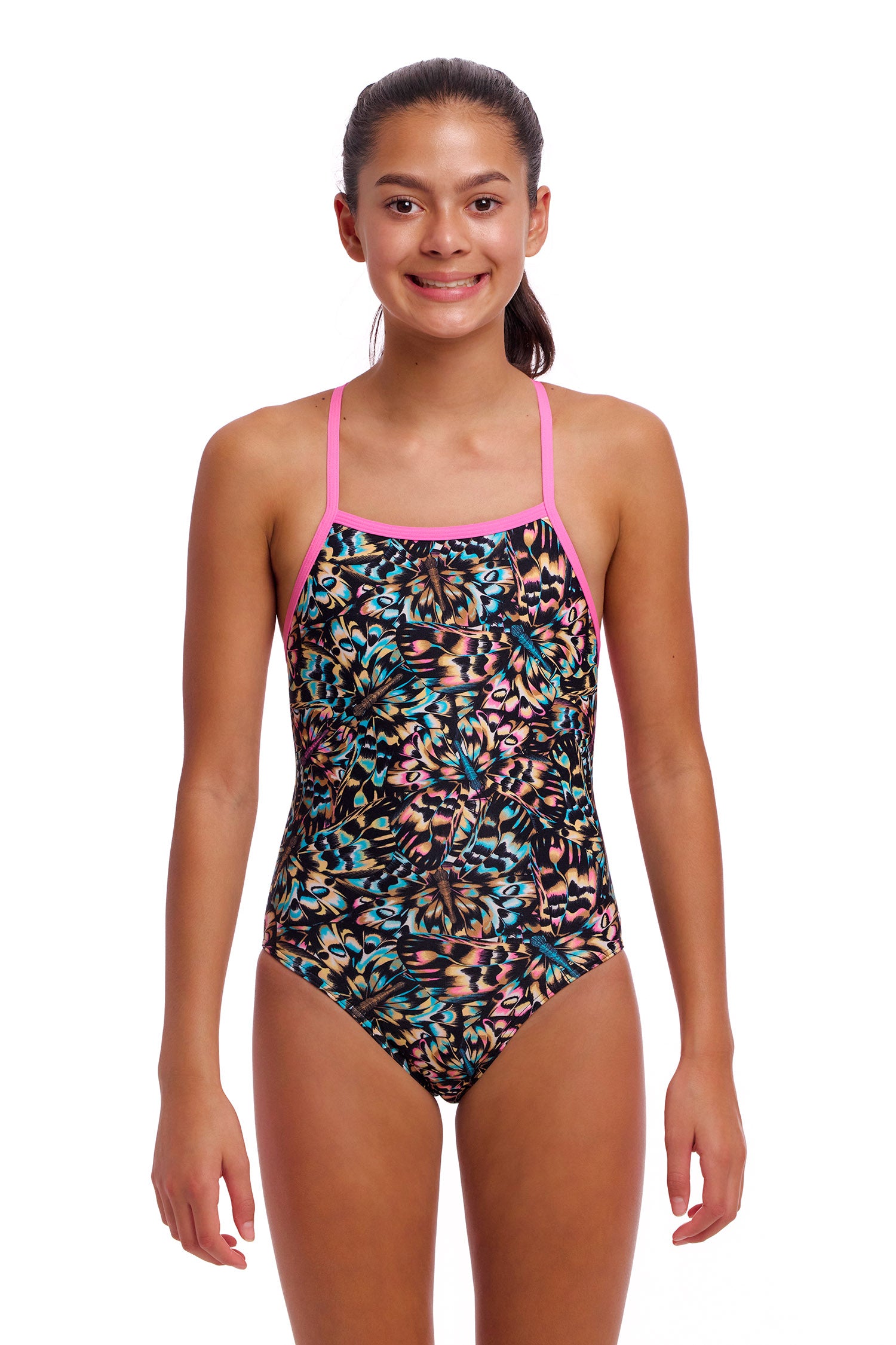 Funkita Girls Strapped In One Piece Copper Cluster, front view chlorine resistant swimwear