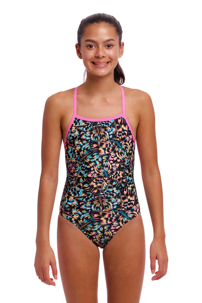 Funkita Girls Strapped In One Piece Copper Cluster, front view chlorine resistant swimwear
