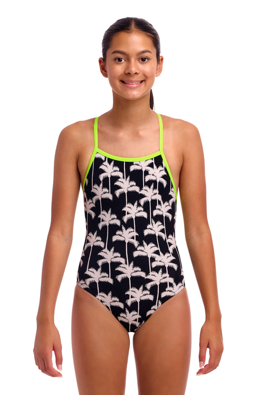 NEW! Funkita Girls Strapped In One Piece Palm Night-front view