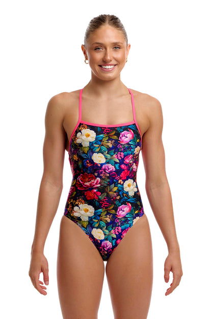 NEW! Funkita Ladies Strapped In One Piece Bed of Roses-Ladies Strapped In One Piece-[front view]