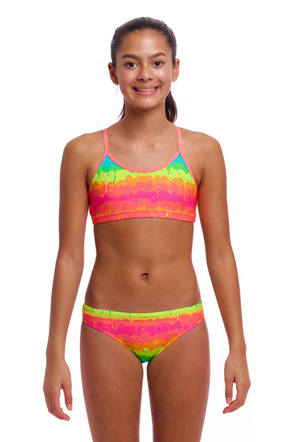 Funkita Girls Racerback Two Piece Melting Mayhem, front view chlorine resistant swimwear