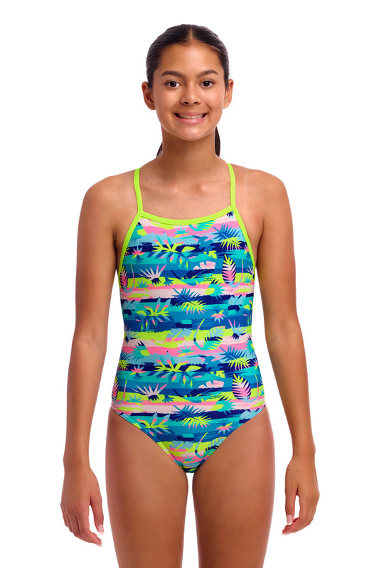 NEW! Funkita Girls Tie Me Tight One Piece Forest Floor-front view