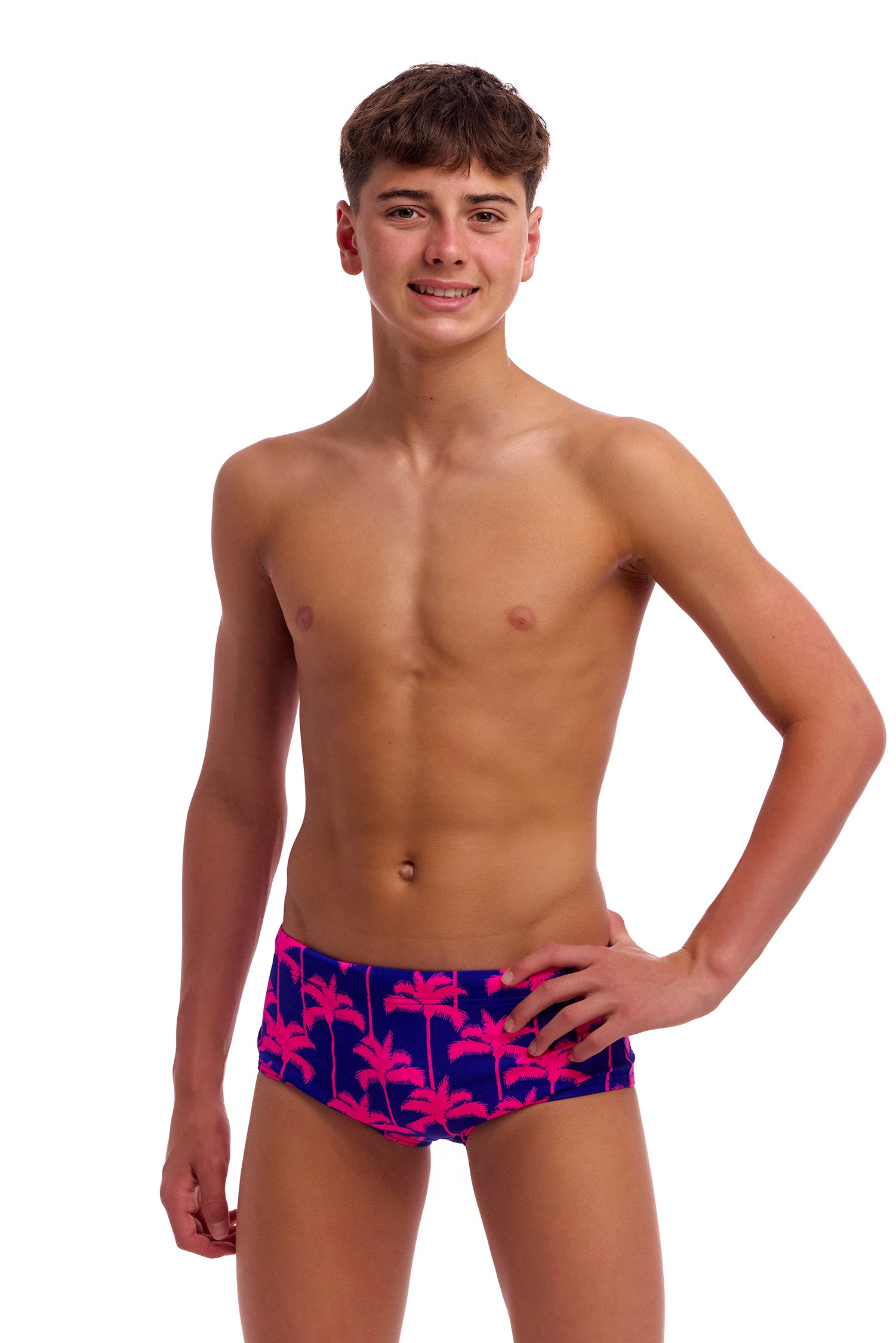 NEW! Funky Trunks Boys Sidewinder Trunks Pinky Palms-front view