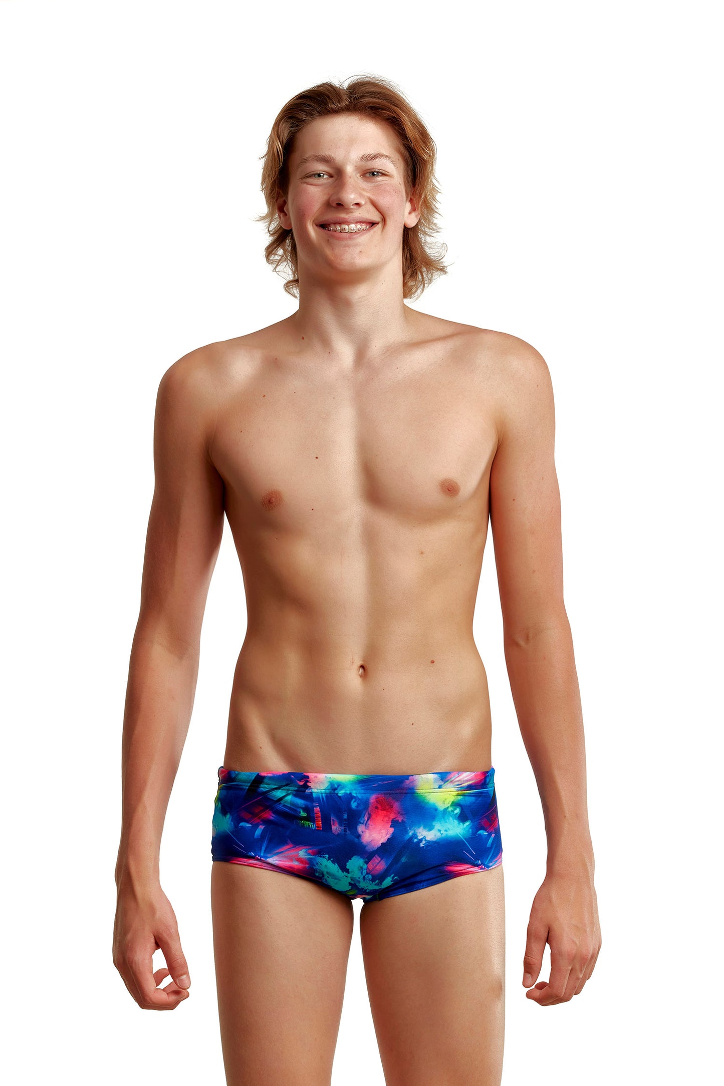 Funky Trunks Boys Sidewinder Trunks Miami Beats, front view chlorine resistant swimwear
